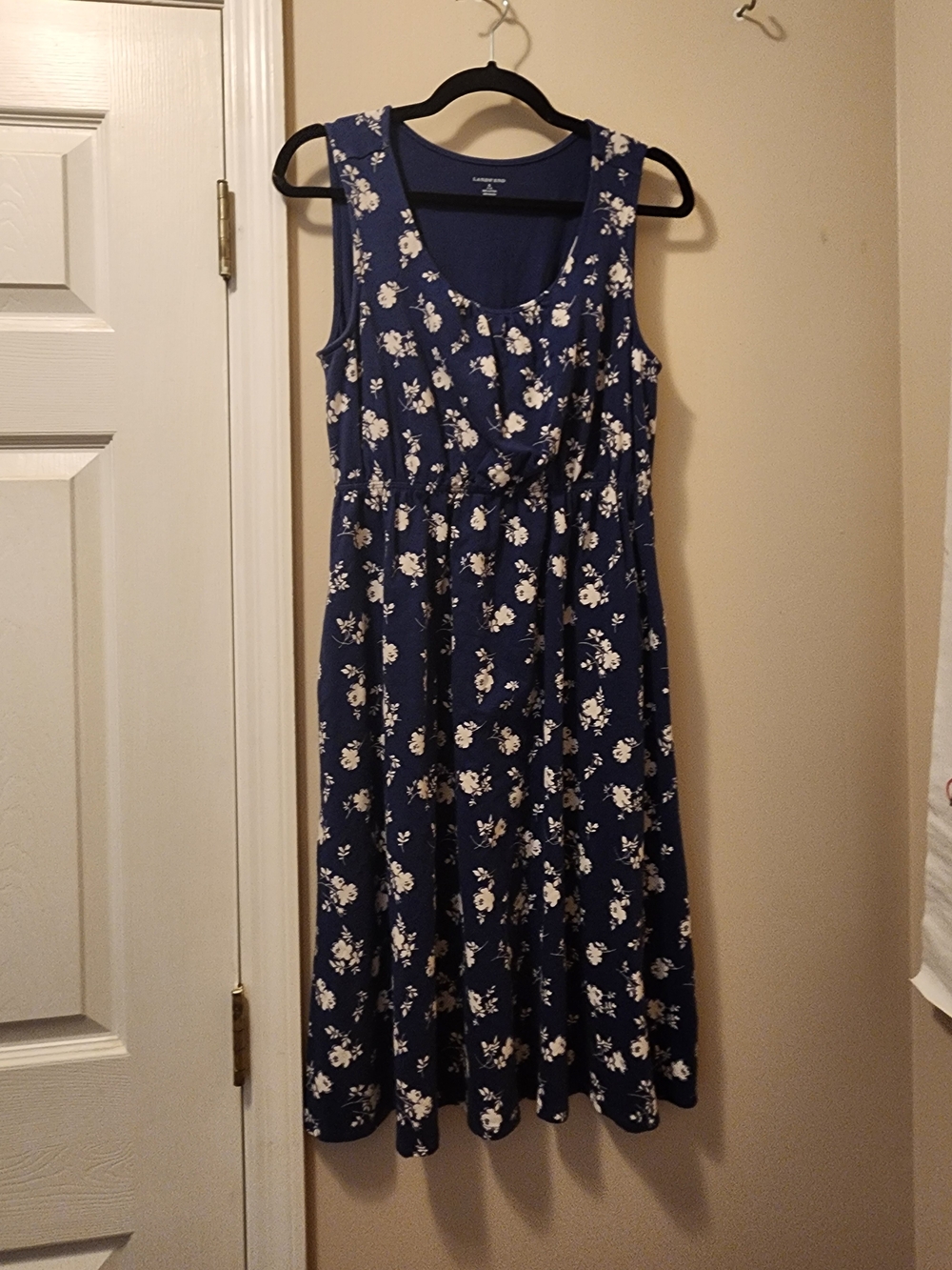 Lands' End Navy Floral Sleeveless Midi Dress with White Print